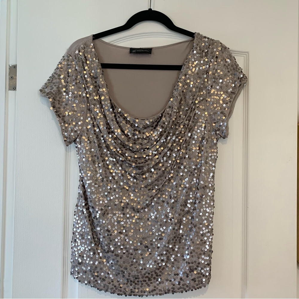 INC International Concepts Tan Sequin Ruched Blouse